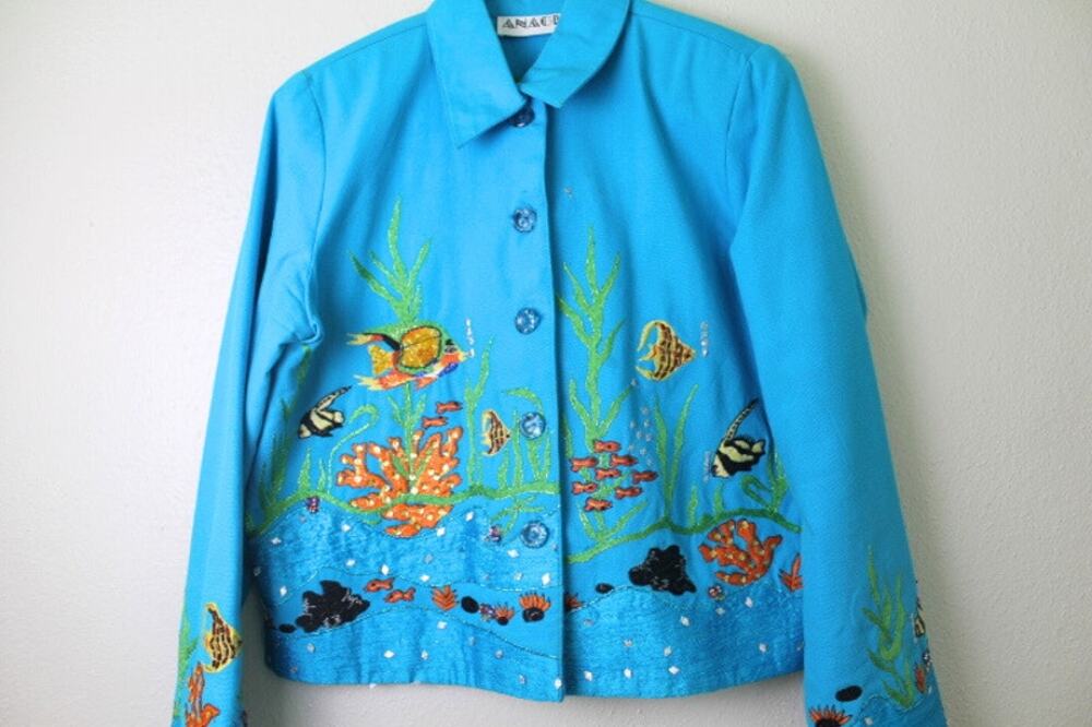 Anage Womens Jacket Size Small Blue Fish Novelty Print Beaded Embroidered Art